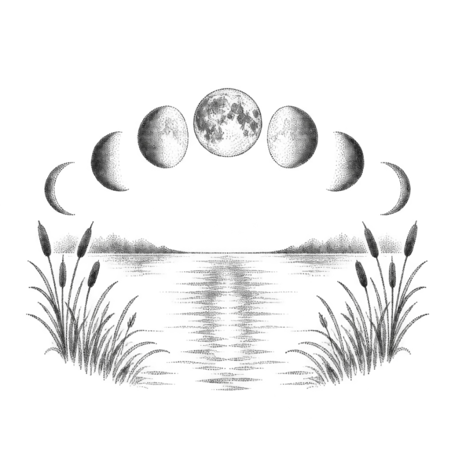 Dotwork mental health tattoo of moon phases arcing over a still lake