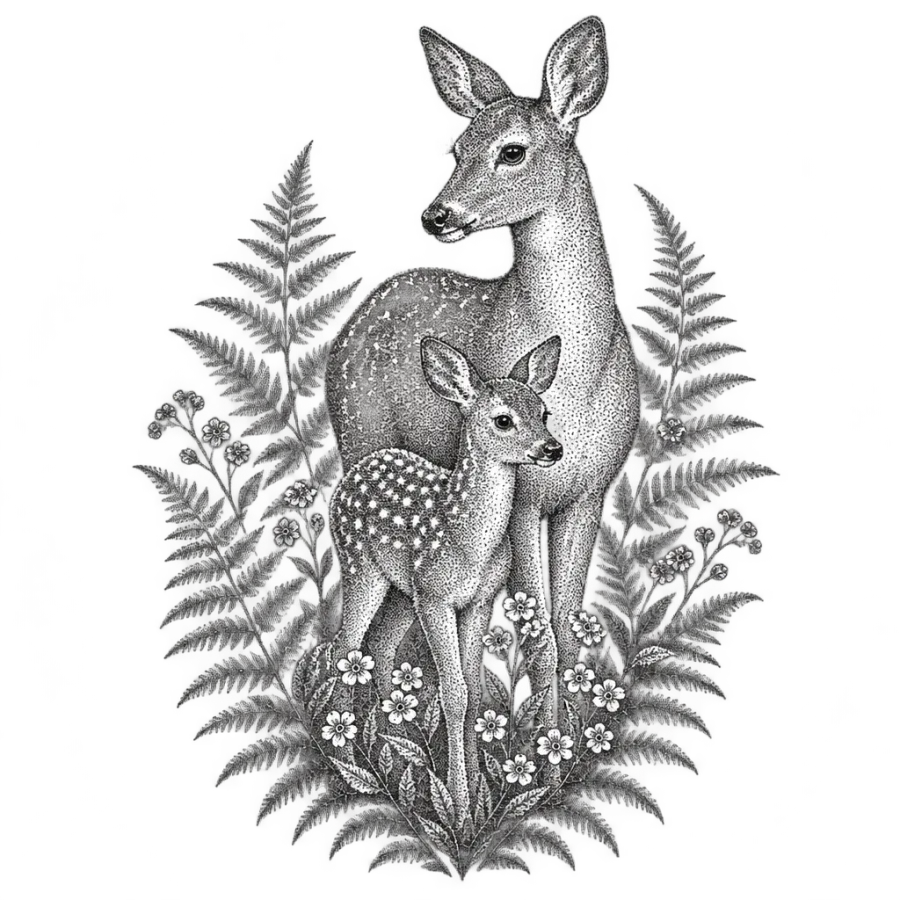 Dotwork stippled tattoo design of a doe and her fawn among ferns