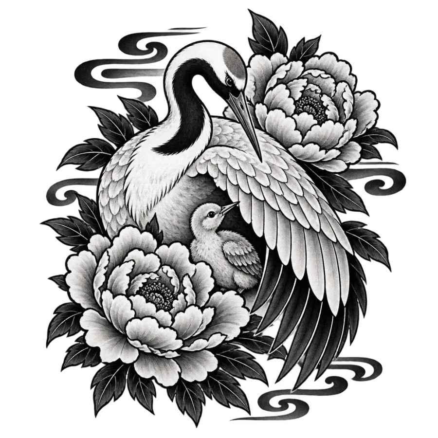 Japanese irezumi tattoo design of a crane sheltering her chick among peonies