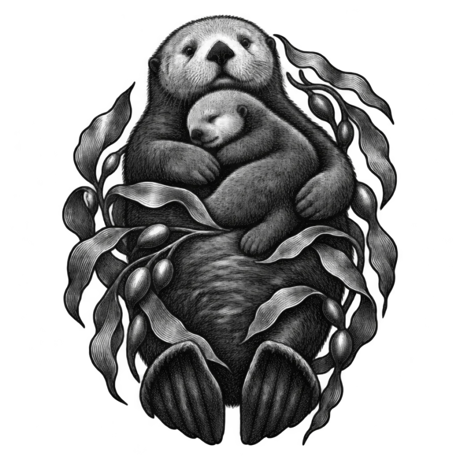 Engraved tattoo design of a mother otter floating with her pup in kelp