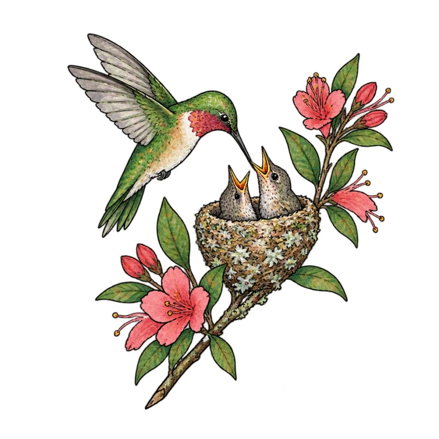 Watercolour tattoo design of a hummingbird feeding two nestlings on a branch
