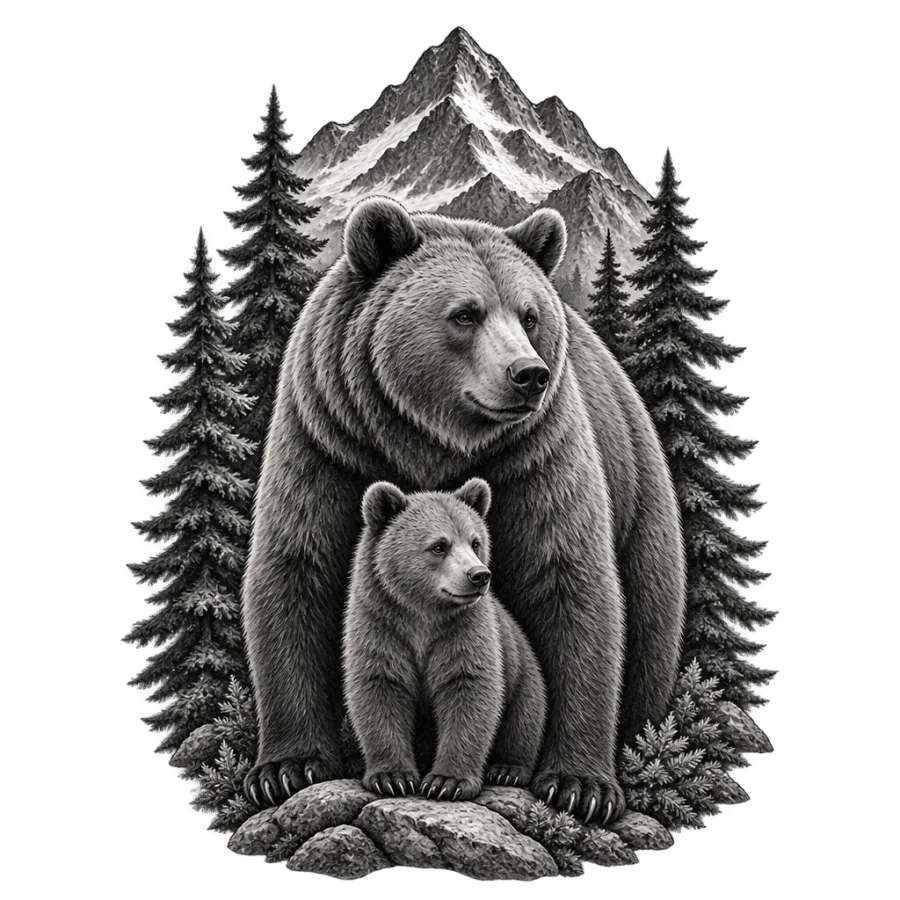 Black and grey realism tattoo design of a mother bear standing over her cub