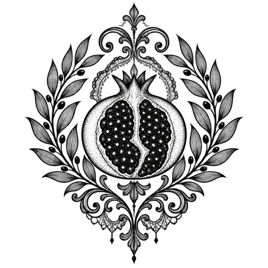 Ornamental filigree tattoo design of a split pomegranate framed by laurel branches