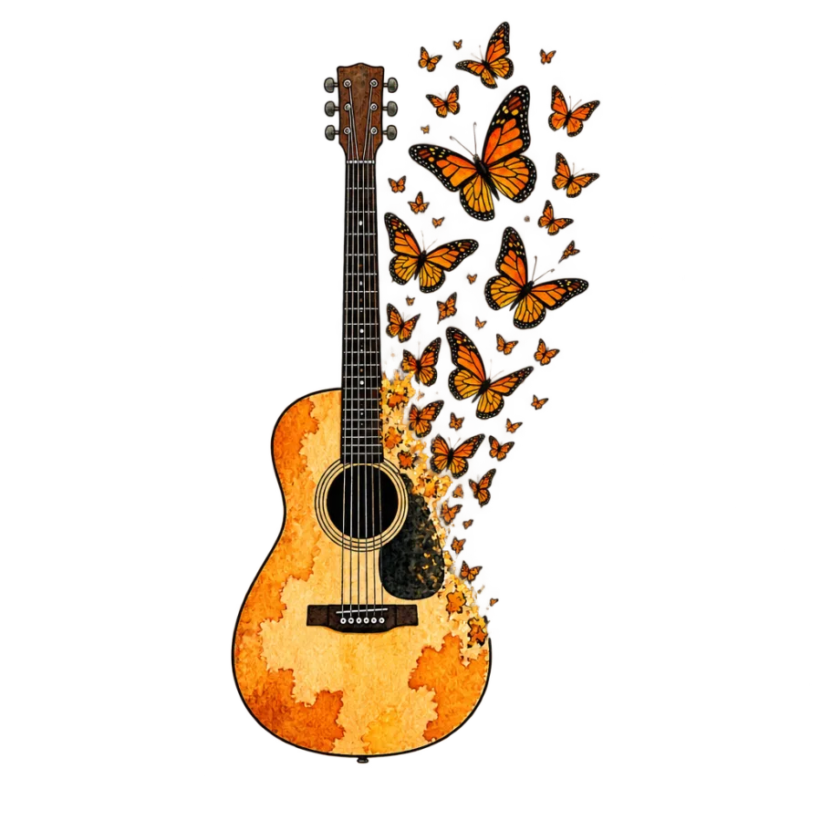 Watercolor tattoo design of an acoustic guitar dissolving into monarch butterflies