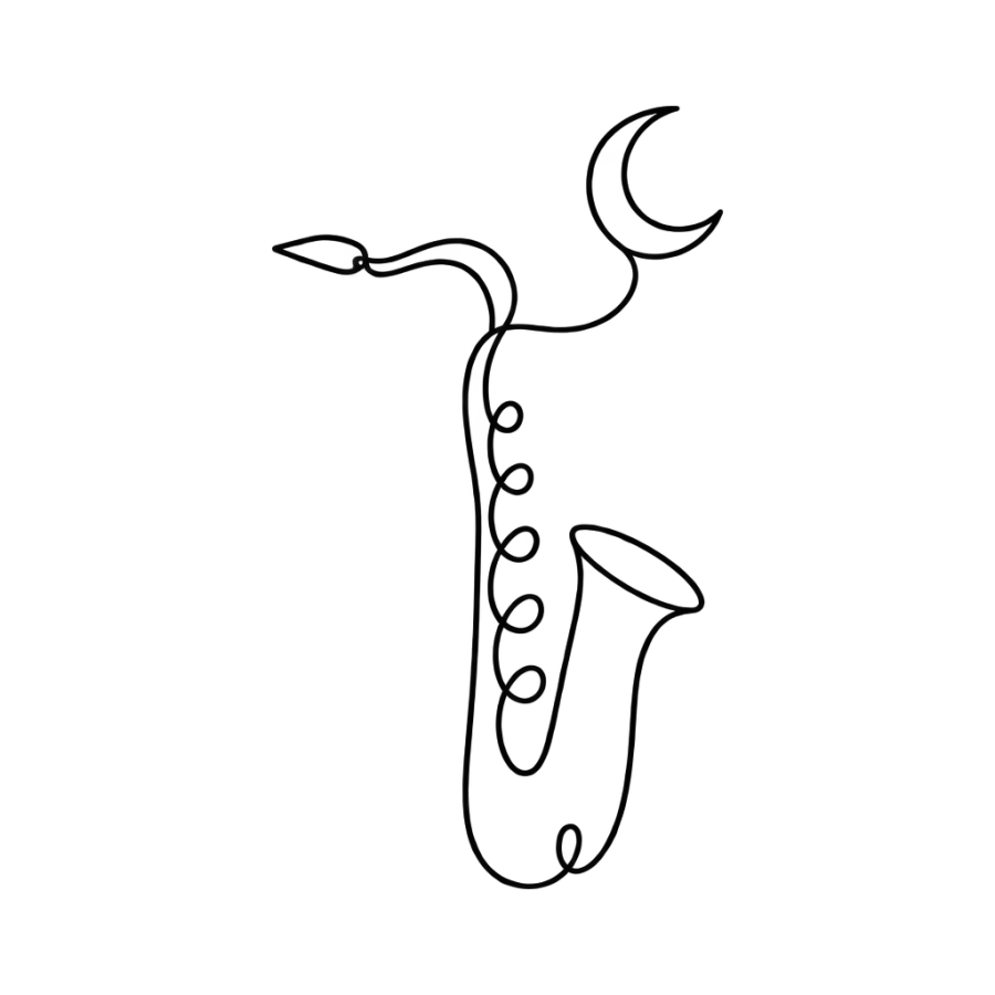 Single line tattoo design of a saxophone and a small crescent moon