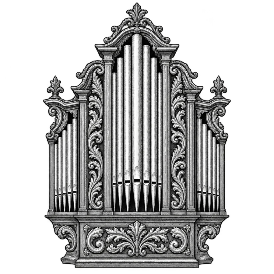 Engraved pipe organ facade tattoo design with ranked pipes and scrollwork