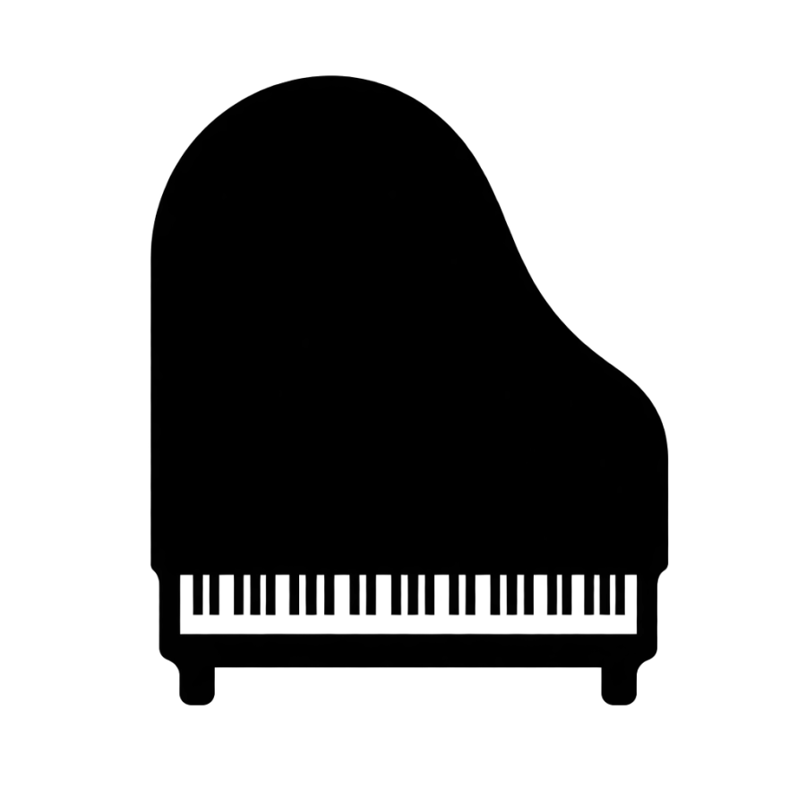 Heavy blackwork grand piano tattoo design split by a single white key gap