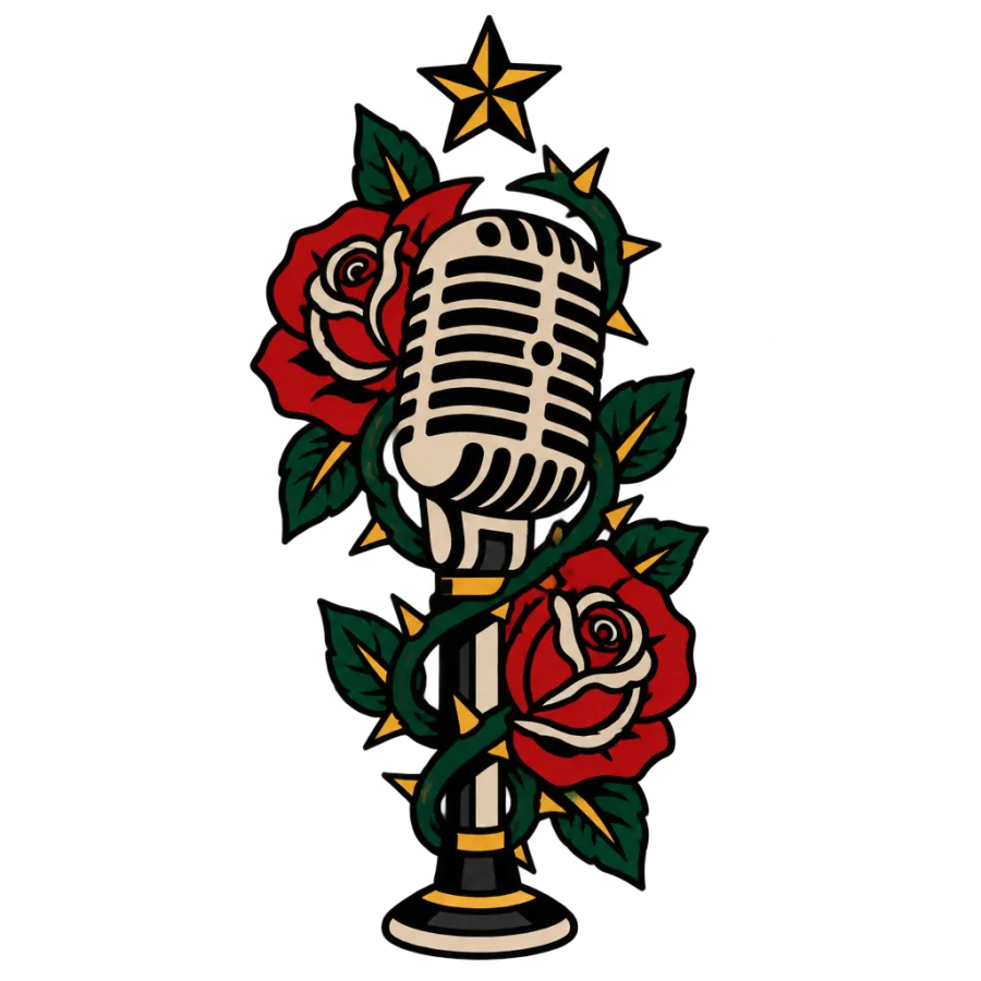 American traditional tattoo design of a stage microphone wrapped in thorny roses