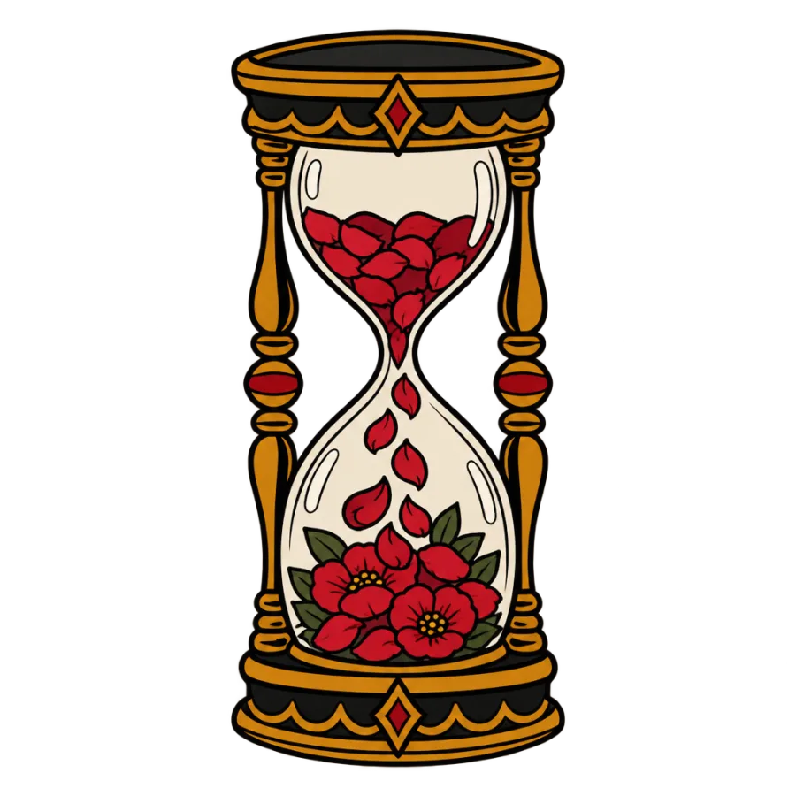 Neo traditional new beginnings tattoo of an hourglass pouring sand into petals
