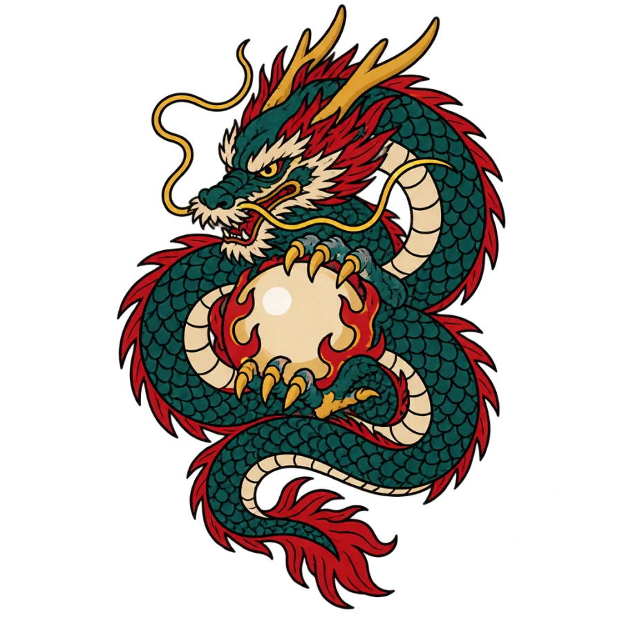 Neo traditional protection tattoo of a dragon curled around a glowing pearl