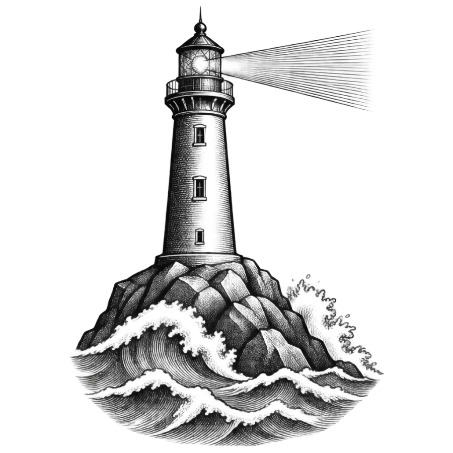 Engraved lighthouse and waves tattoo design about safe passage