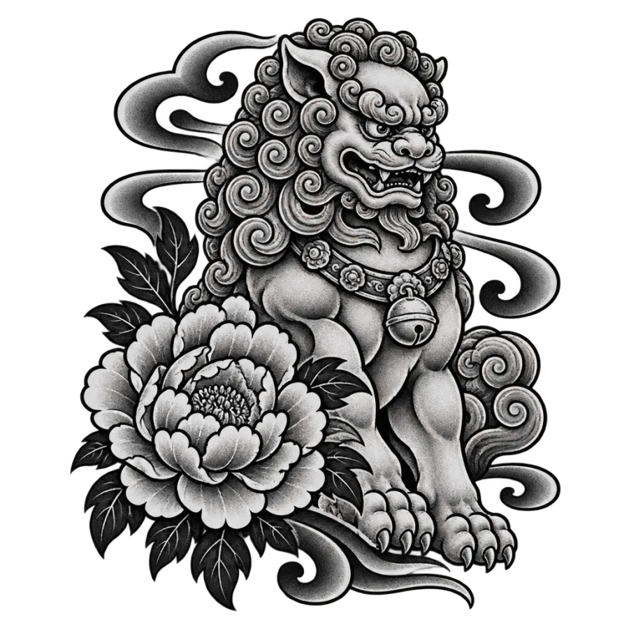Japanese irezumi protection tattoo of a guardian foo dog beside a peony