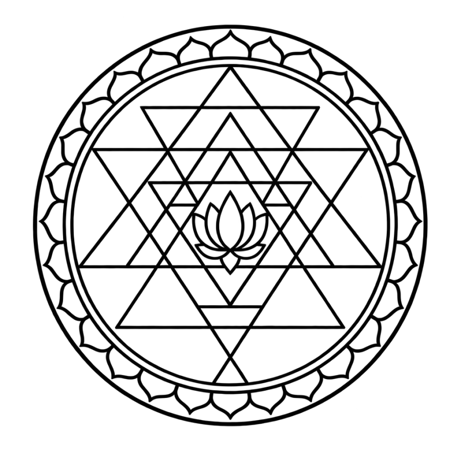 Geometric protection tattoo of a triangle shield medallion with a central lotus