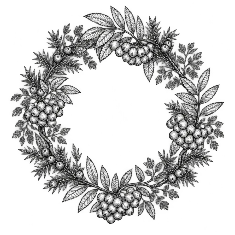 Fine line protection tattoo of a braided wreath of rowan, rue and juniper