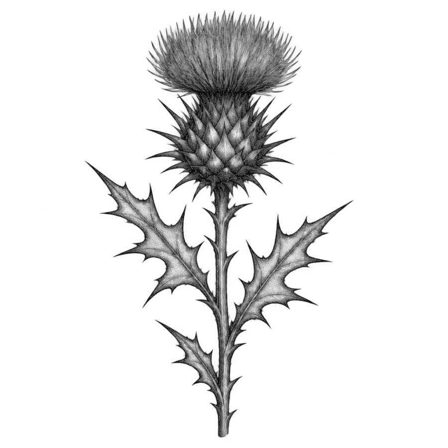 Fine line tattoo design of a blooming thistle with spiked leaves