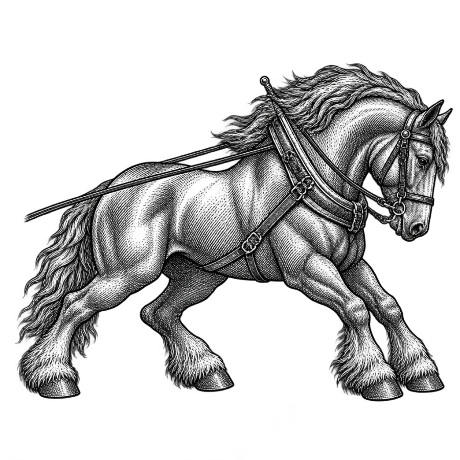 Engraved draft horse pulling in harness, strength tattoo design in profile