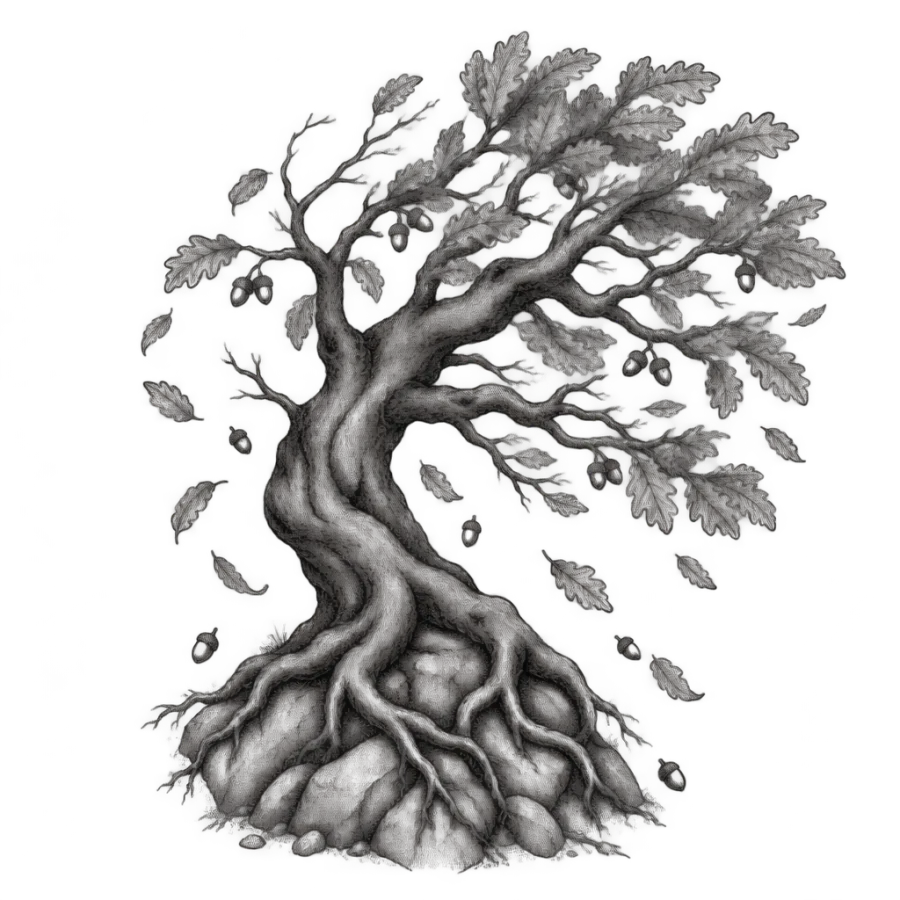 Fine line strength tattoo of a wind bent oak with deep roots gripping stone