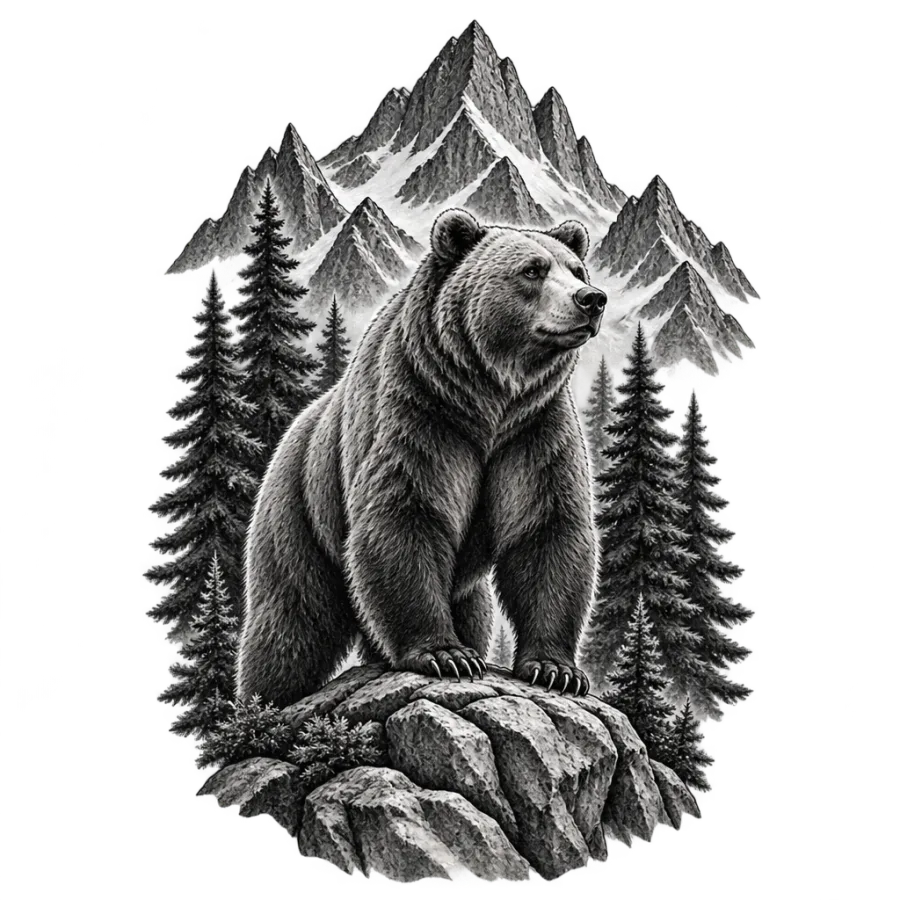 Black and grey realism strength tattoo of a bear before mountain peaks and pines