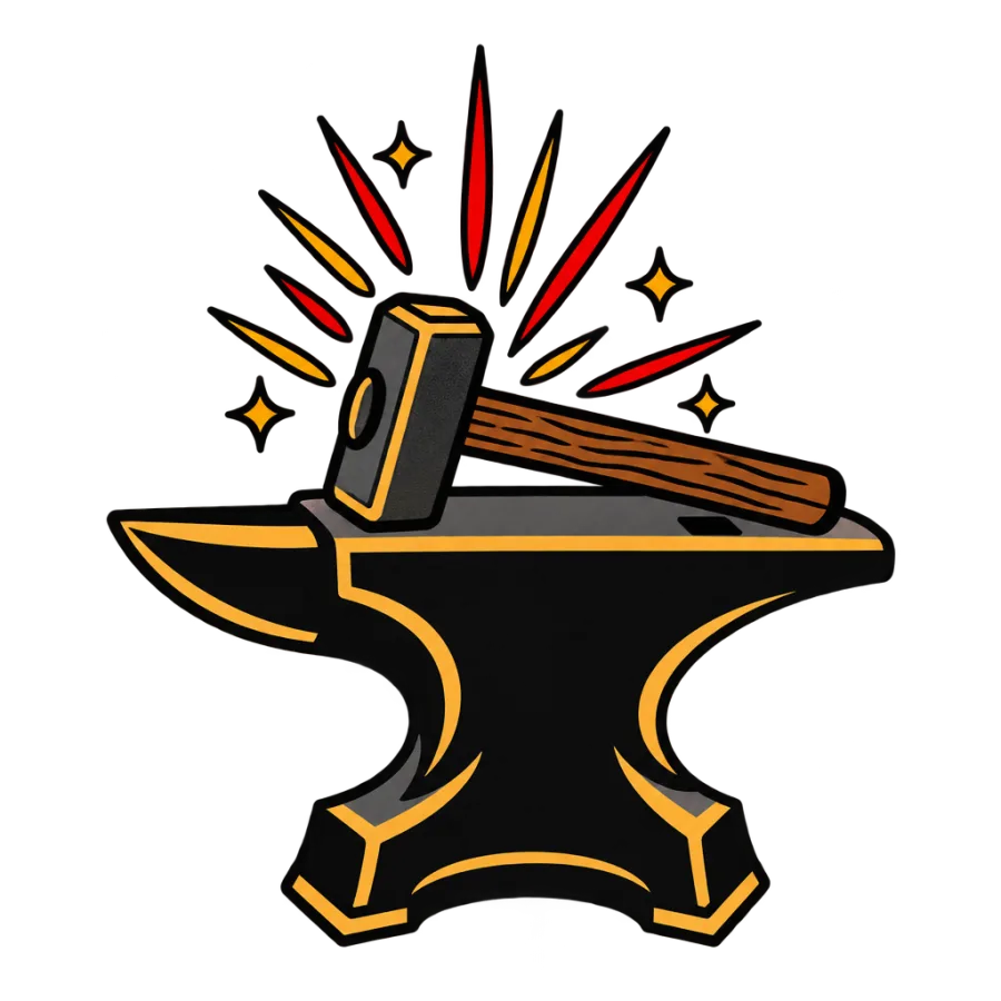 American traditional tattoo design of a blacksmith anvil hammer and sparks