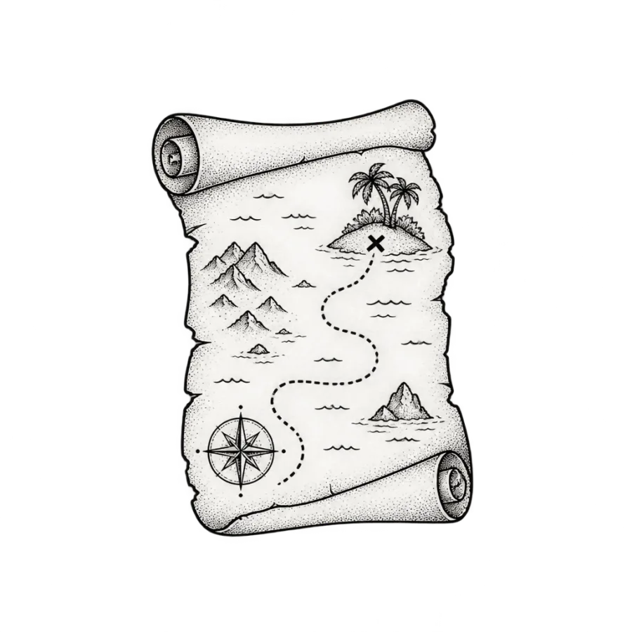 Fine line travel tattoo of a map scroll with a palm island route
