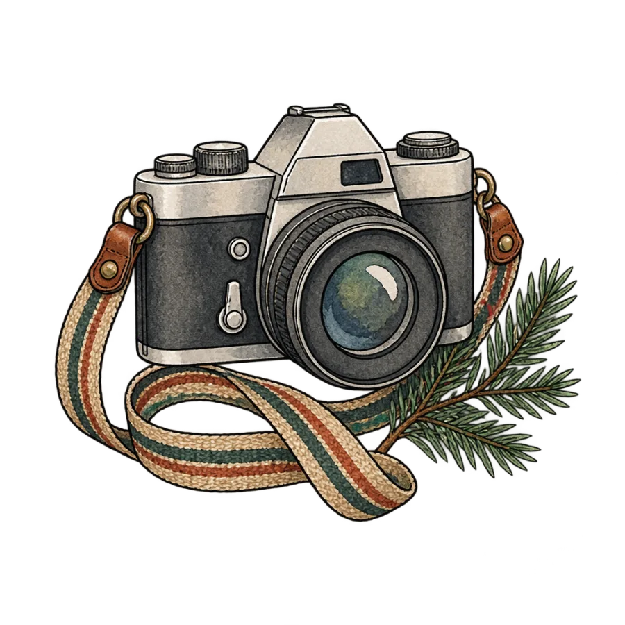 Watercolor travel tattoo of a vintage film camera with a pine sprig