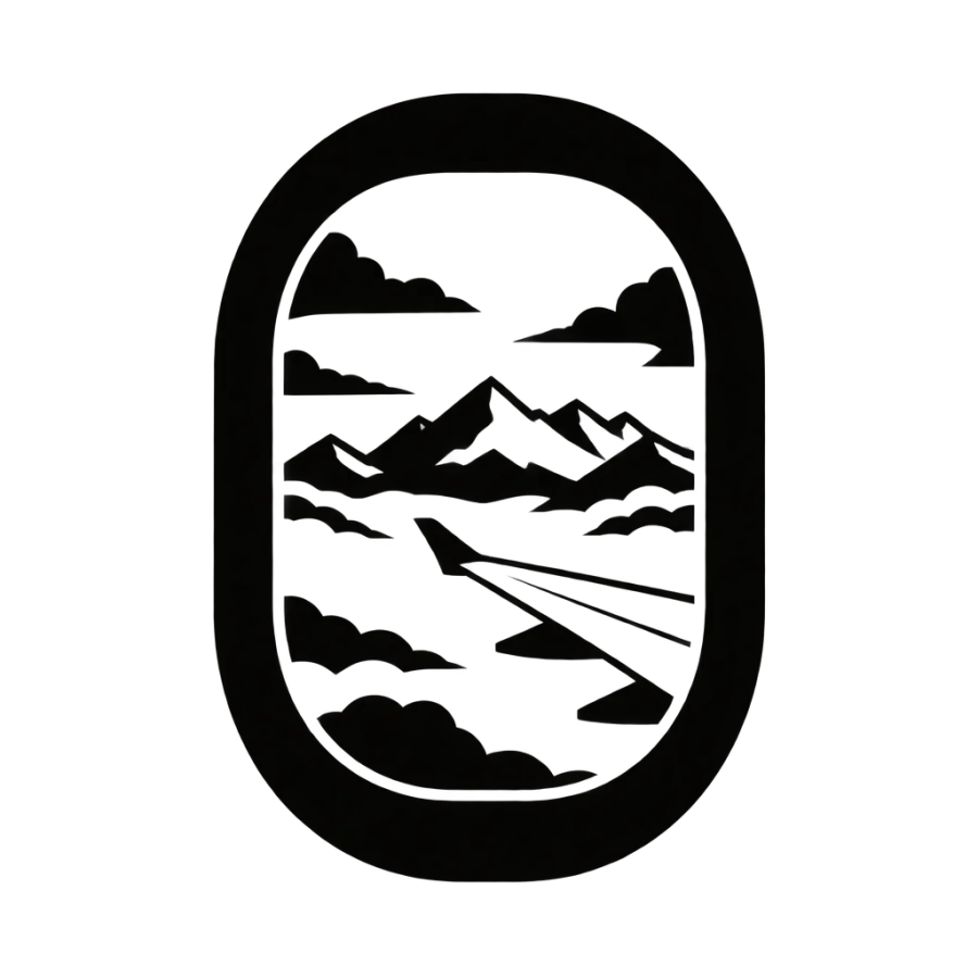 Blackwork plane window tattoo with mountains cut as negative space
