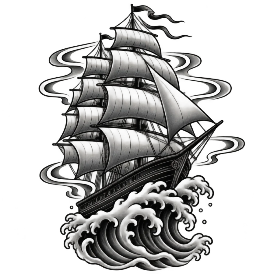 Japanese irezumi travel tattoo of a sailing ship riding a cresting wave