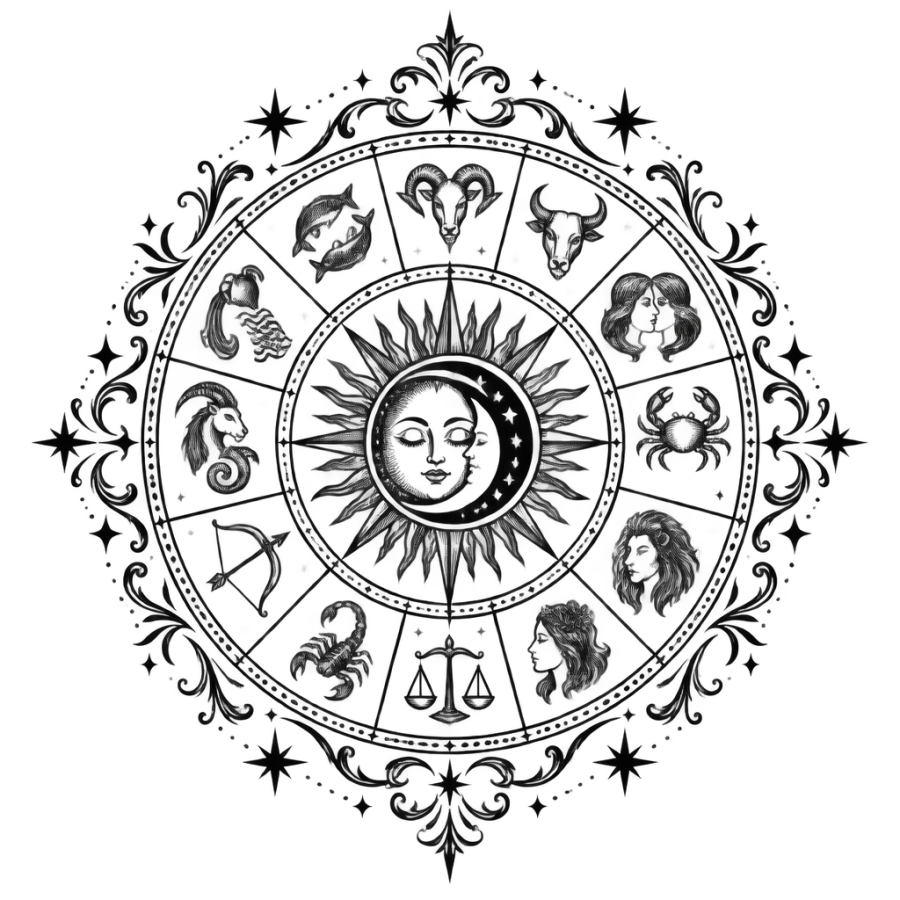 Ornamental filigree tattoo of a celestial zodiac wheel with sun and moon