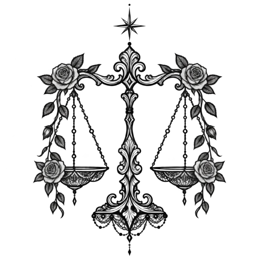 Ornamental filigree tattoo design of Libra balance scales hung with roses