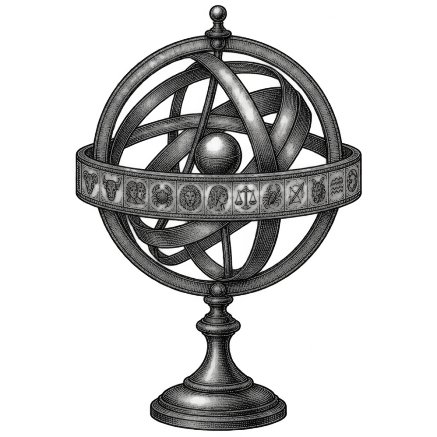 Engraved woodcut zodiac tattoo design of an armillary sphere with a zodiac band