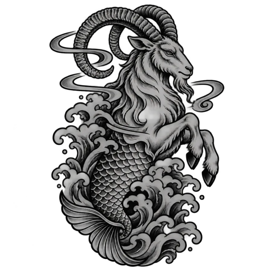 Japanese irezumi tattoo design of a Capricorn sea goat rising through waves