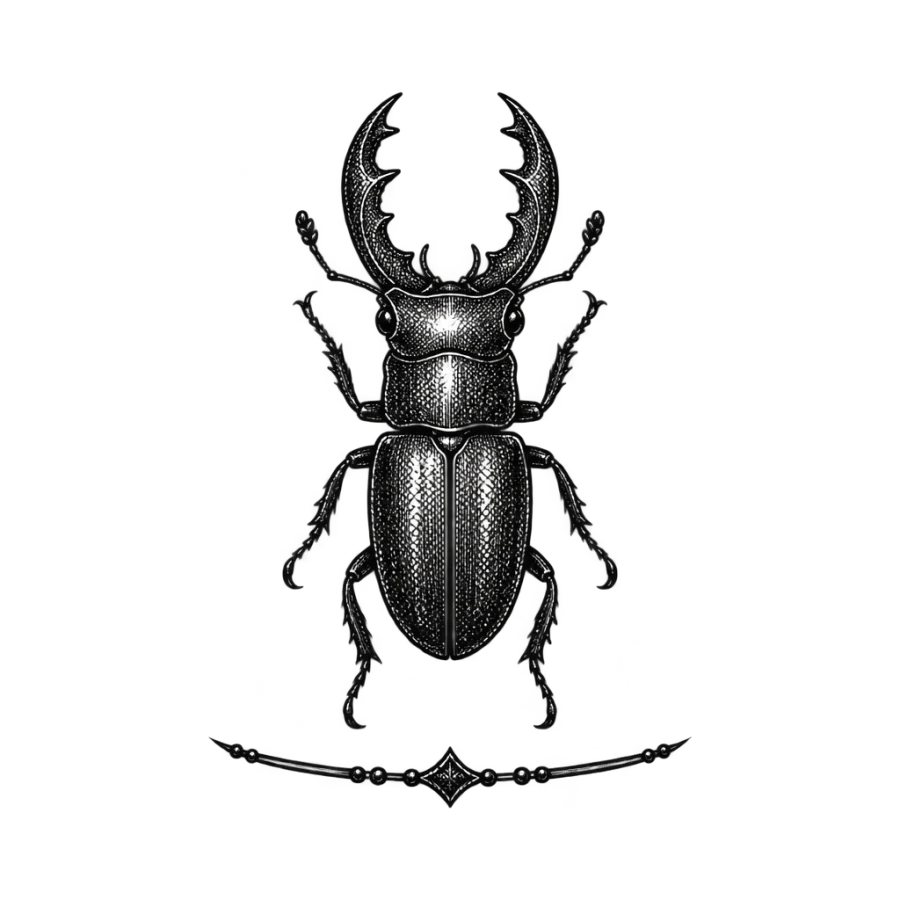 Engraved woodcut ankle tattoo design of a small stag beetle above a hairline band