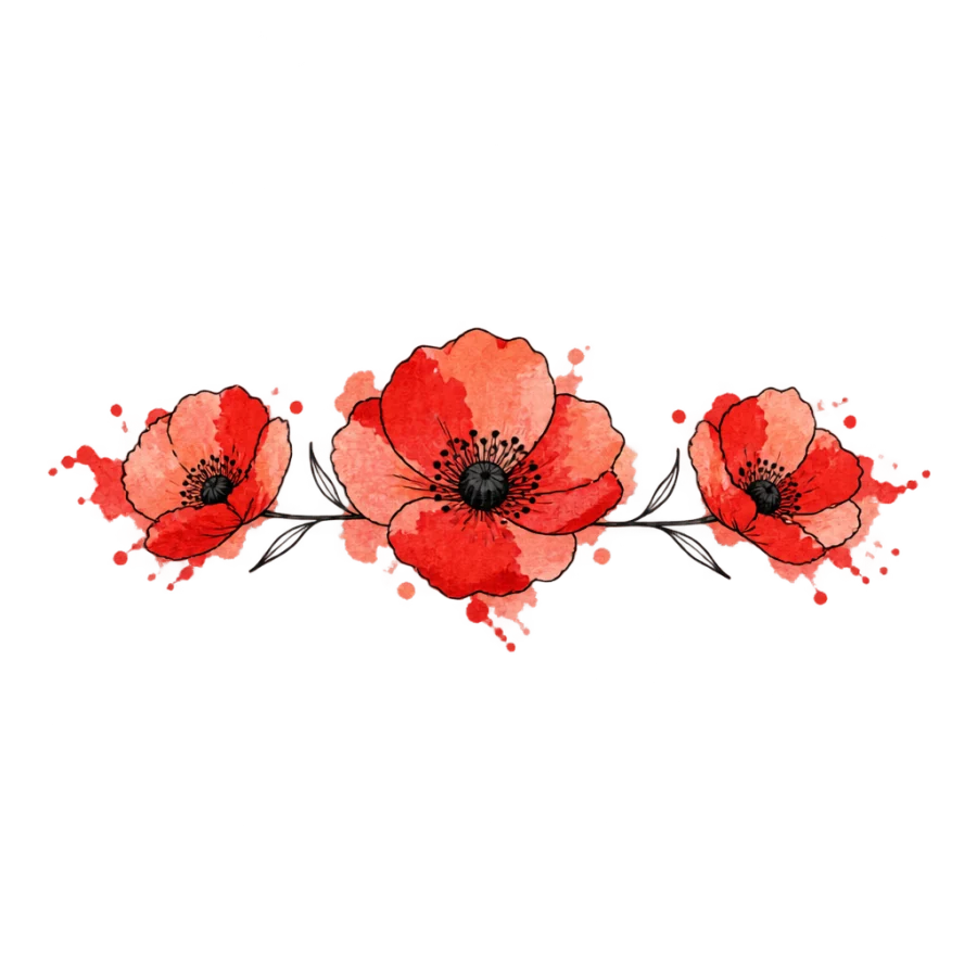 Watercolour ankle band tattoo design of three poppies with loose red washes
