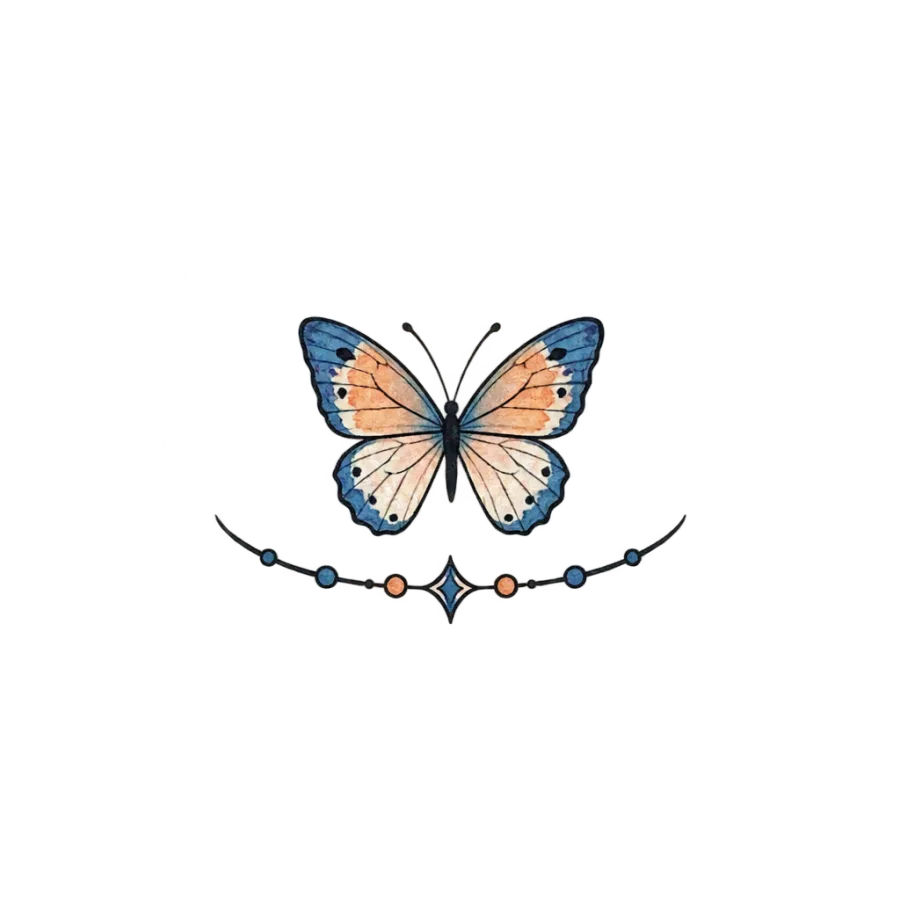Watercolor tattoo of a small butterfly above a thin ankle band