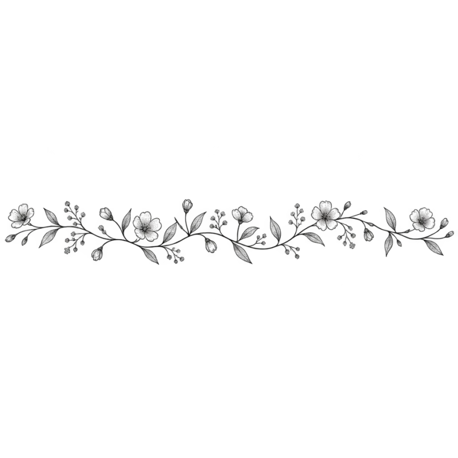 Fine line armband tattoo design of a winding vine with small wildflowers
