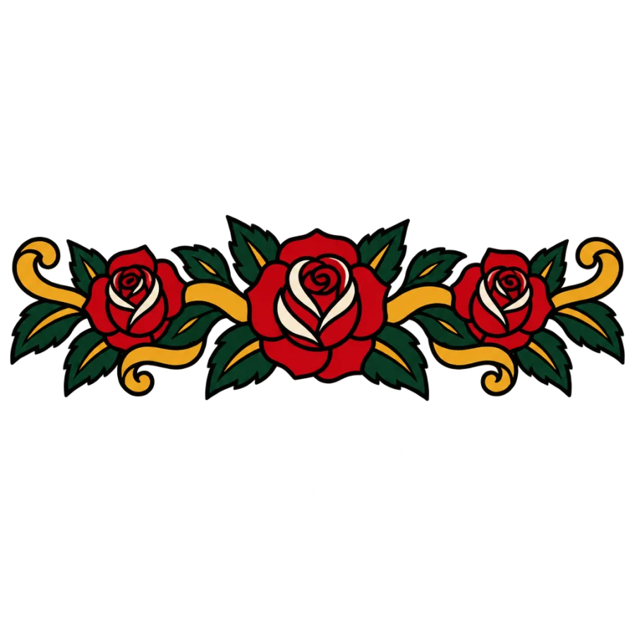 American traditional armband tattoo design of roses linked by scroll ribbons