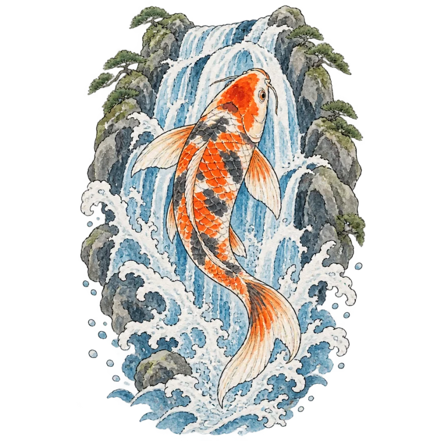 Watercolor koi and waterfall back tattoo design over light black linework