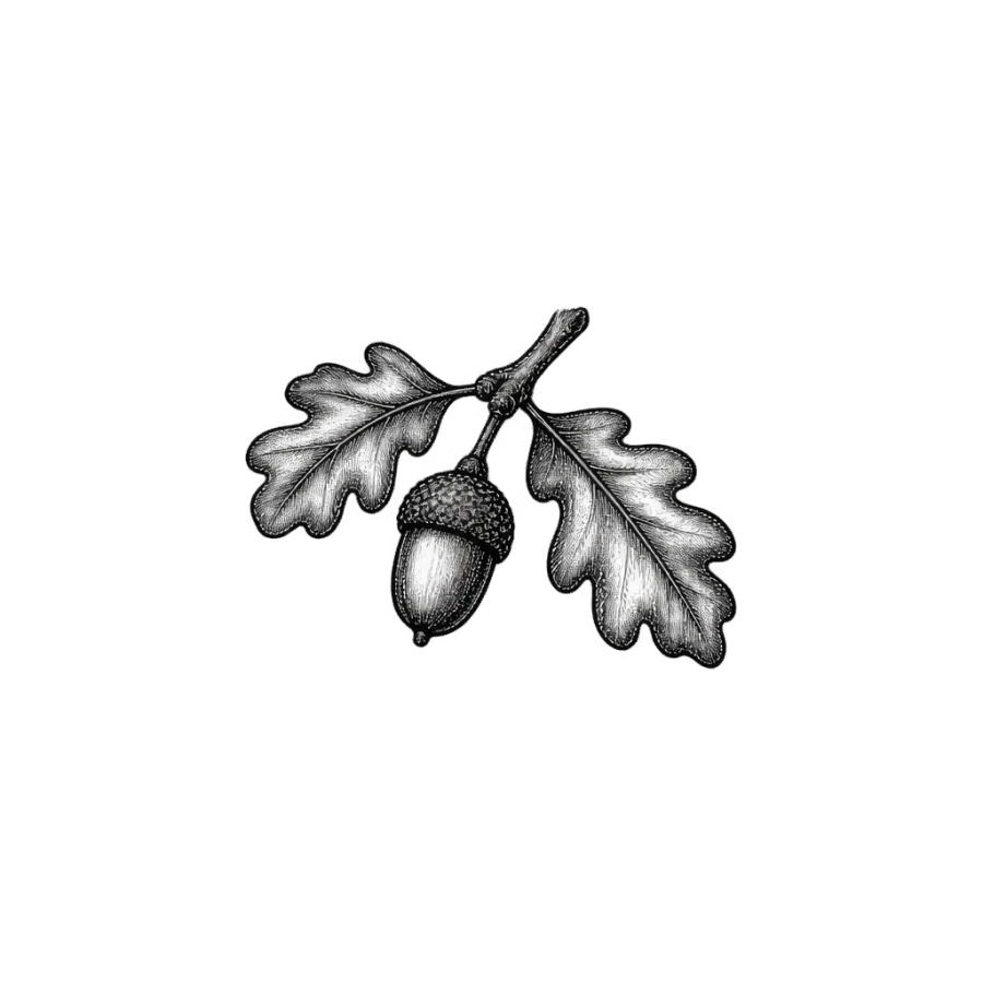 Small engraved acorn and oak twig tattoo design for behind the ear