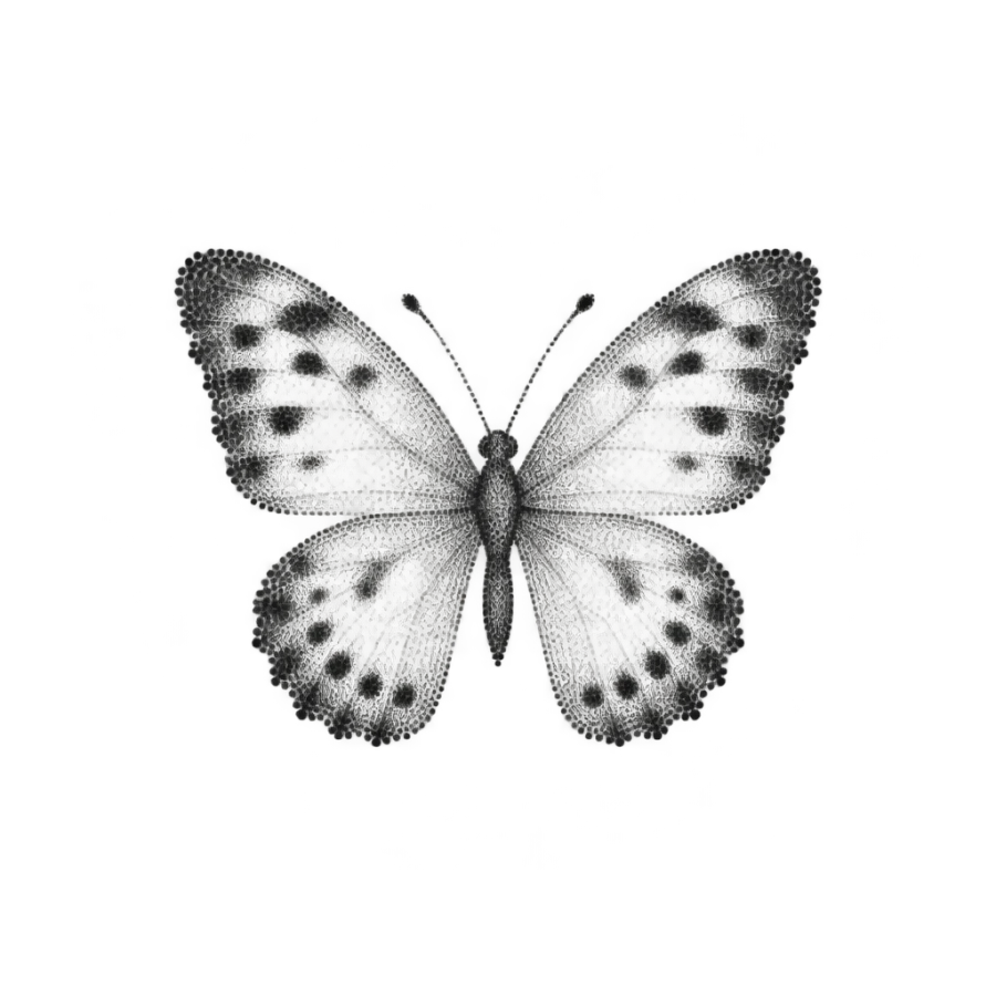 Tiny dotwork butterfly tattoo design in stippled dots for behind the ear