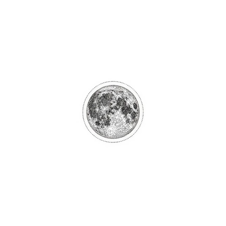 Dotwork stippled tattoo design of a tiny full moon with a thin ring