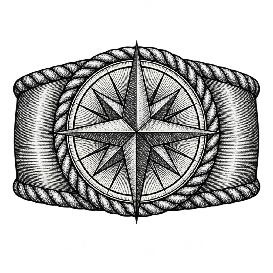 Engraved compass rose tattoo design as a wide rounded band for the bicep