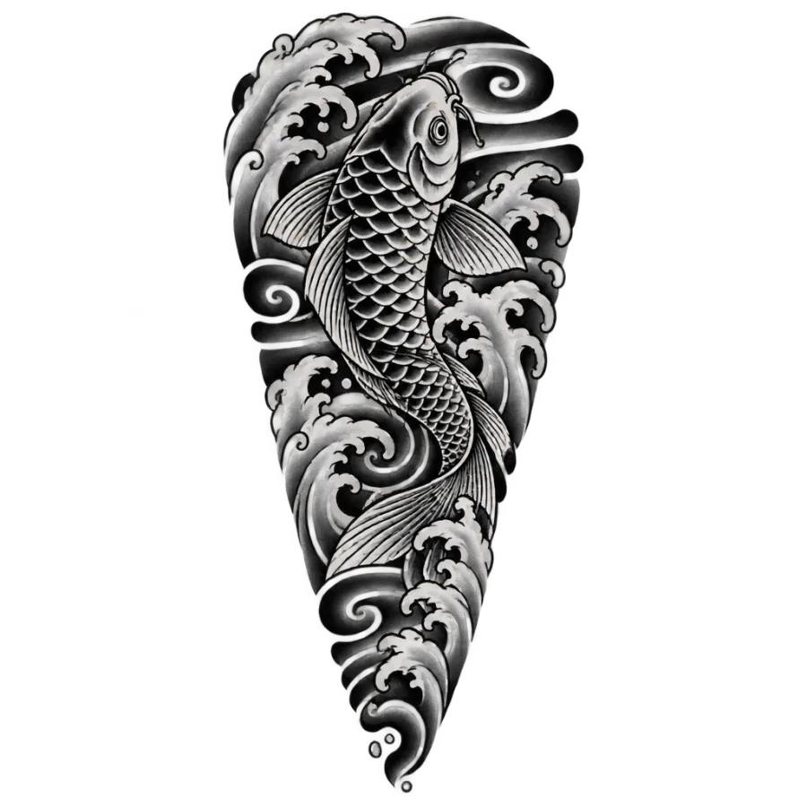 Japanese irezumi tattoo design of a koi rising through waves, tapering down the calf