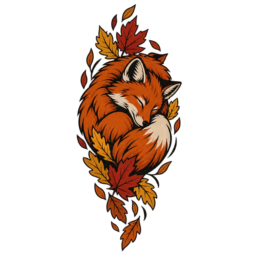 Neo traditional tattoo of a sleeping fox and autumn leaves along the calf