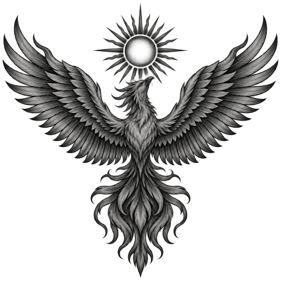 Black and grey realism tattoo of a phoenix and sun spanning the chest symmetrically