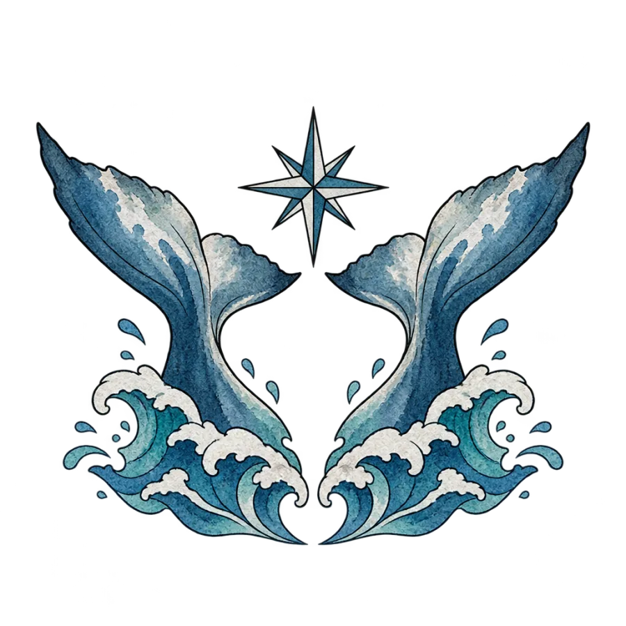 Watercolor tattoo design of mirrored whale tails rising toward a central star