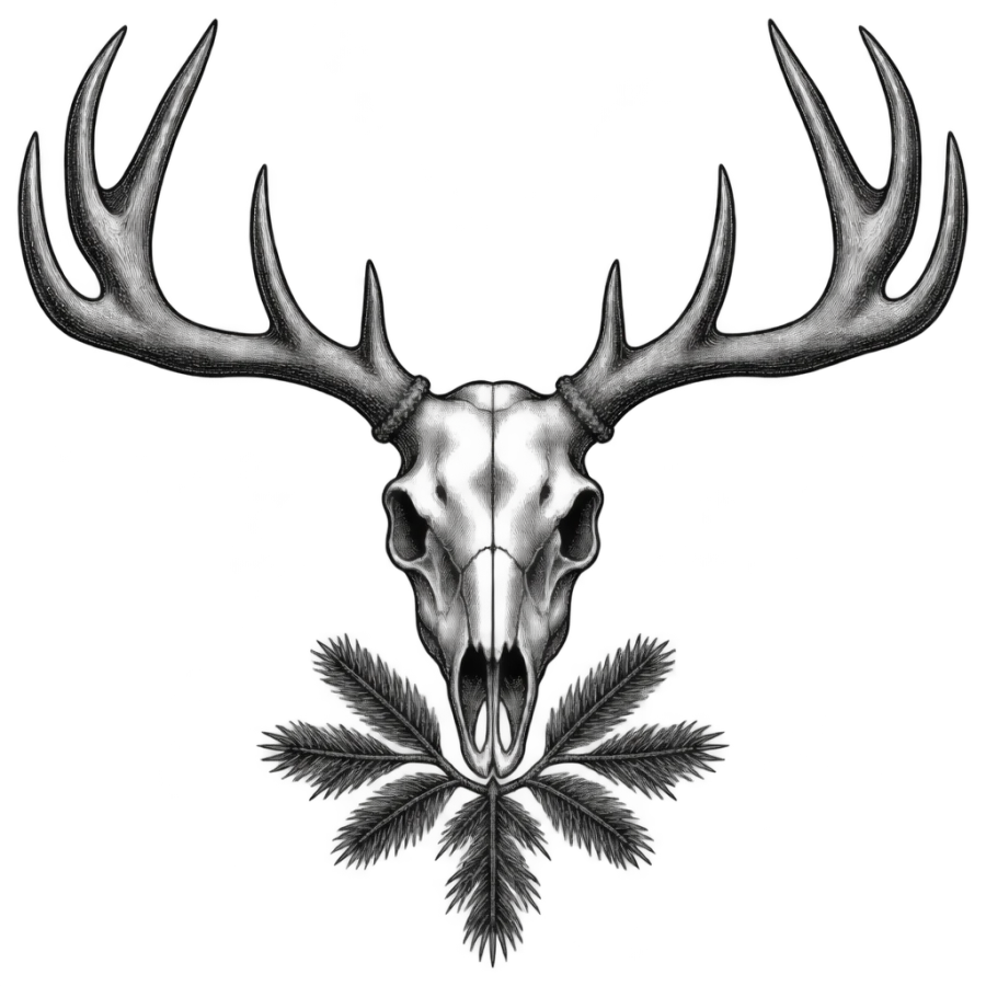 Engraved stag skull chest piece tattoo design spanning the collarbones