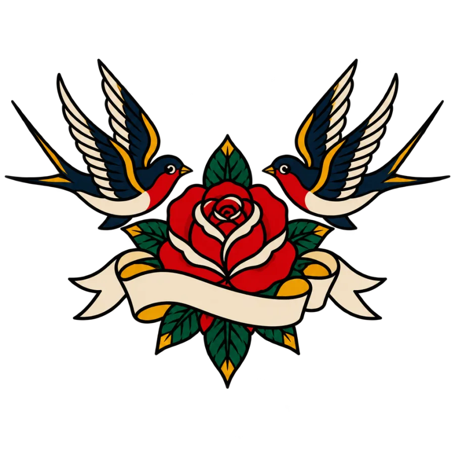 American traditional tattoo of paired swallows and a rose spanning the chest