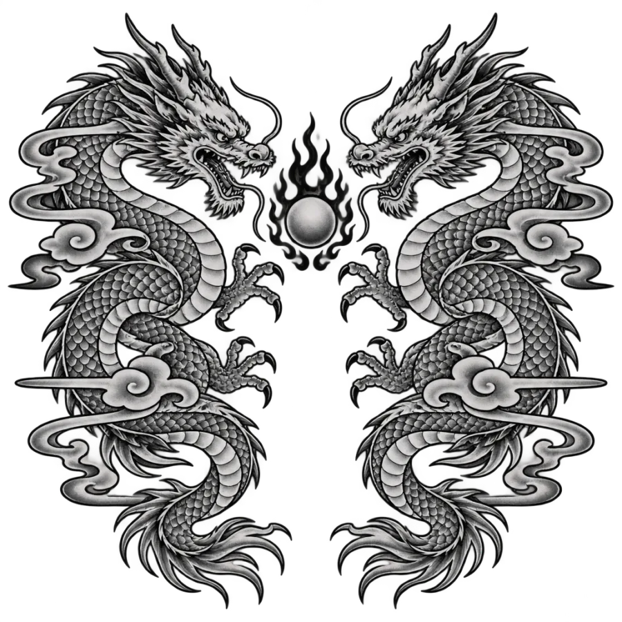 Japanese irezumi tattoo design of mirrored dragons facing a flaming pearl