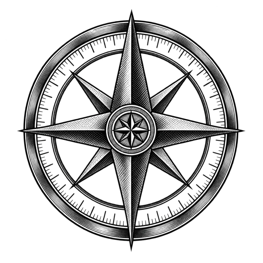 Engraved woodcut tattoo design of a round compass rose for the elbow