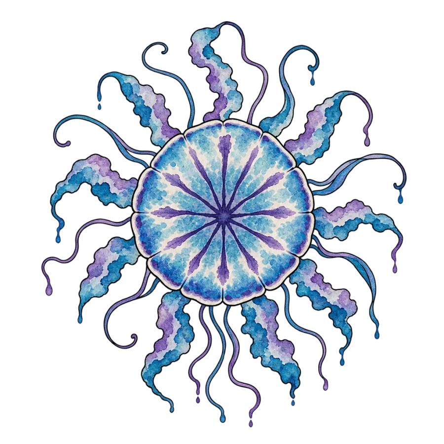 Watercolor tattoo design of a jellyfish bell viewed from above for the elbow